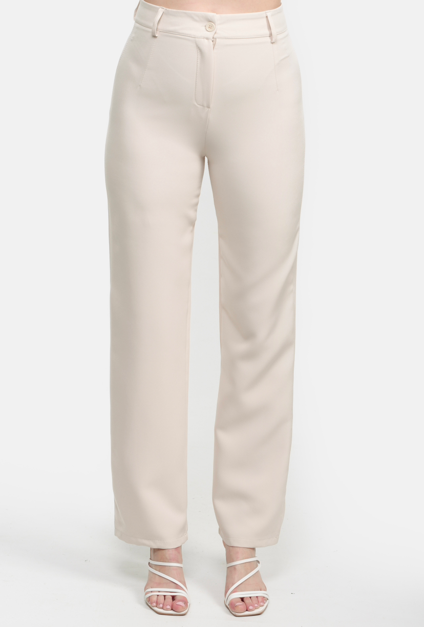 Beige pantalon met comfortabele stretchstof – ideaal voor casual en zakelijke looks.