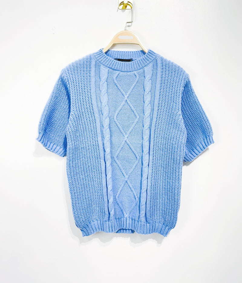 Blauwe gebreide top met korte mouwen, zacht en comfortabel voor dagelijks gebruik (uni size).