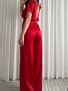 Rode jumpsuit met korte mouwen – ideaal voor een avond uit