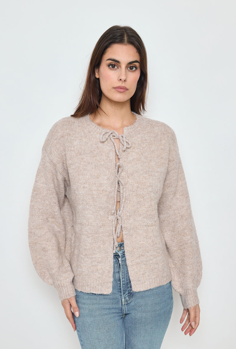 Stijlvolle taupe gebreide trui met strik aan de voorkant, gemaakt van zachte en warme stof, perfect voor een casual of chique look.